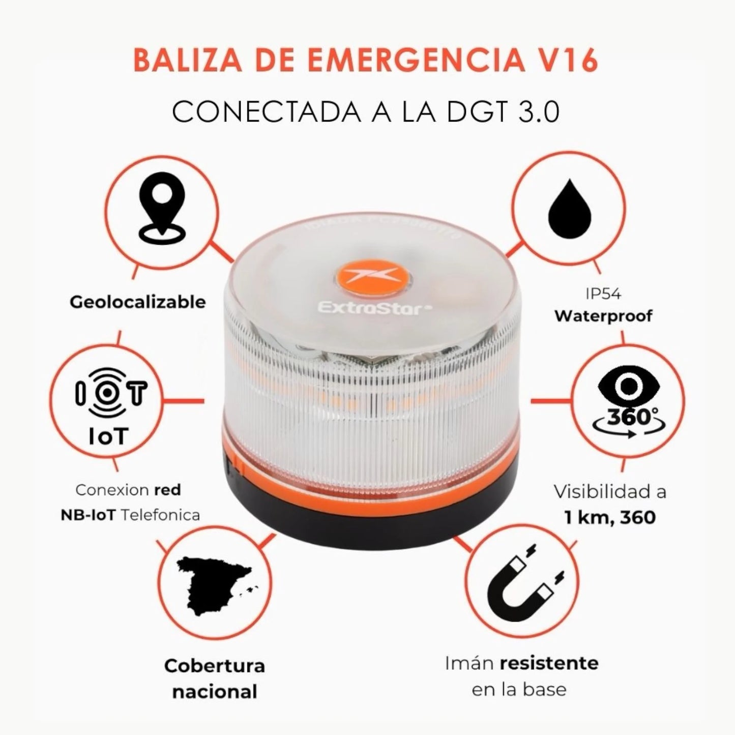 EXTRASTAR Luz V16 DGT 2026 Oficial | Baliza Emergencia con Geolocalización 3.0 y Datos Telefónica hasta 2038 | Homologada y Obligatoria