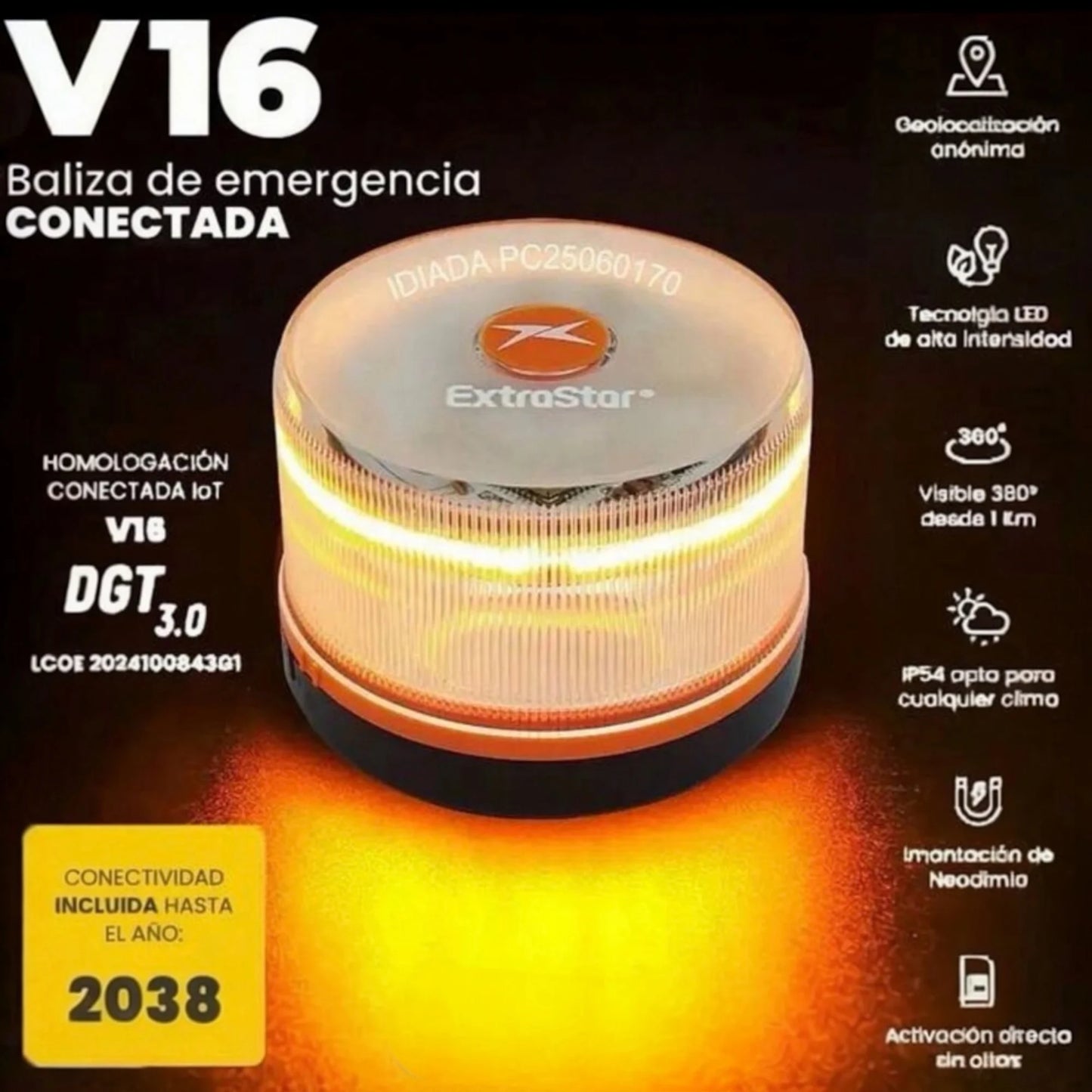 EXTRASTAR Luz V16 DGT 2026 Oficial | Baliza Emergencia con Geolocalización 3.0 y Datos Telefónica hasta 2038 | Homologada y Obligatoria