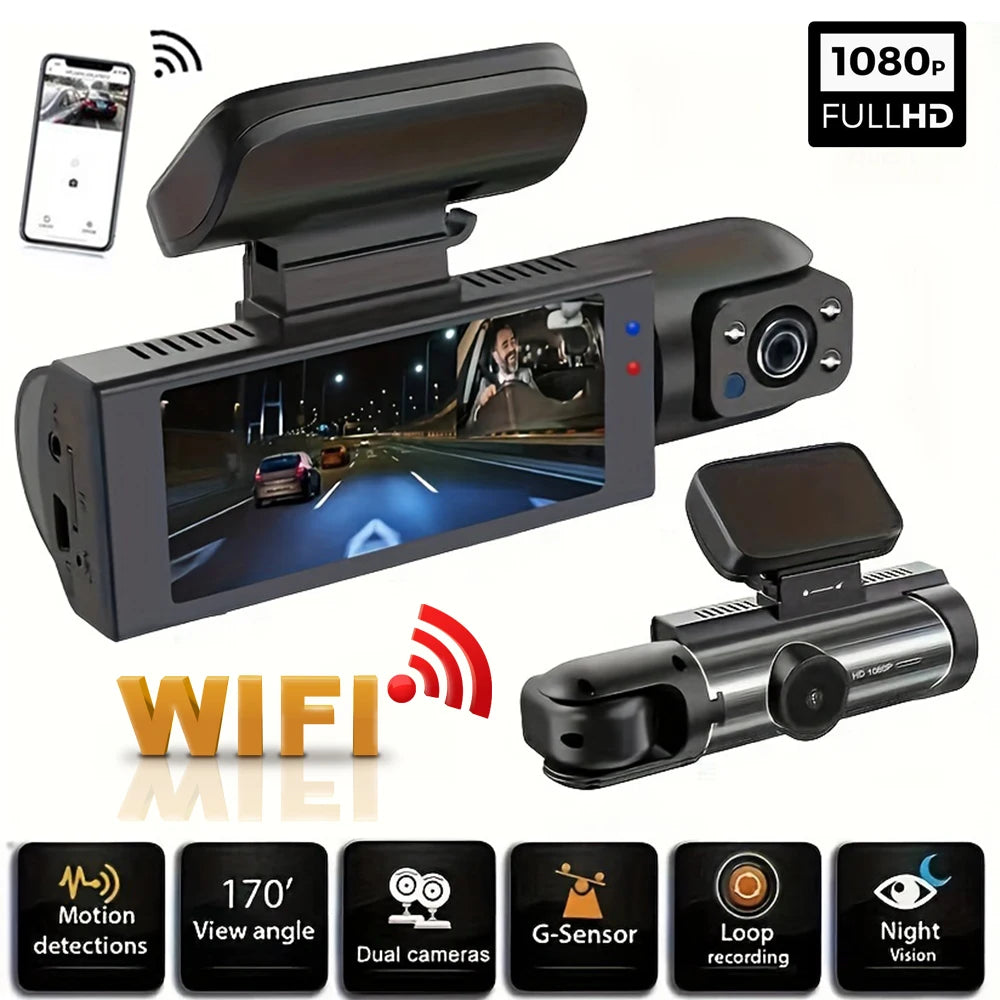 Cámara para Coche WiFi - Cámara Dual Delantera e Interior con Visión Nocturna IR,