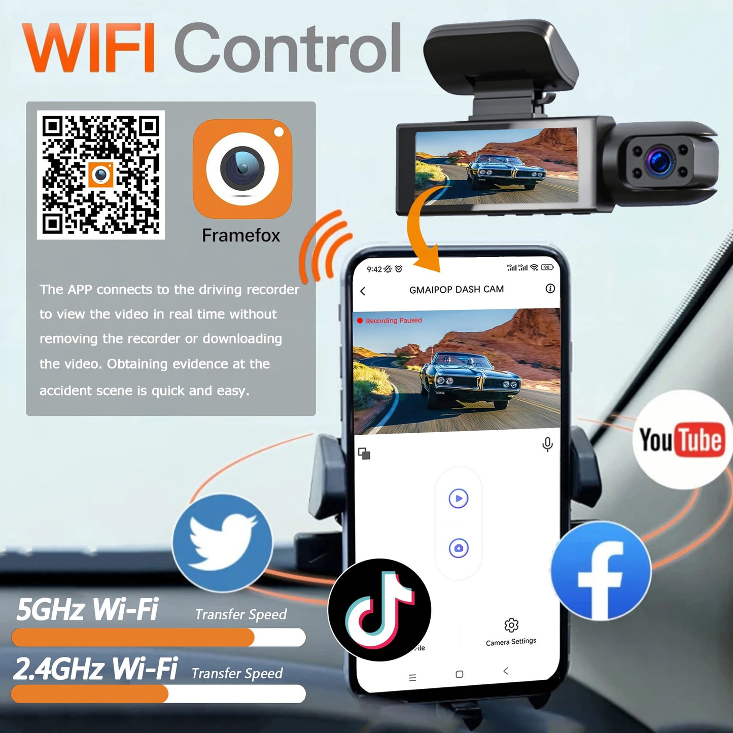 Cámara para Coche WiFi - Cámara Dual Delantera e Interior con Visión Nocturna IR,